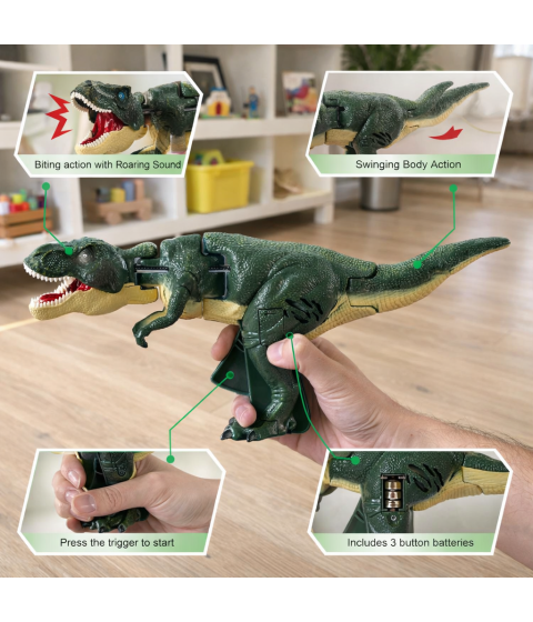 Roaring Dinosaur Toy for Kids with LED Light-Up Mouth – Rotating & Swinging Head, Tail Movement, Realistic Action-Multicolor
