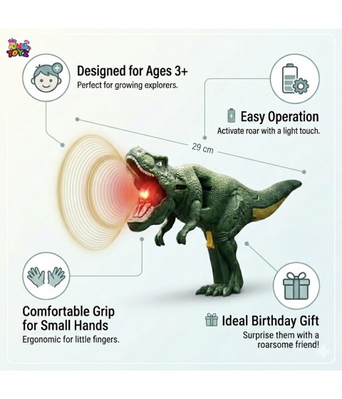 Roaring Dinosaur Toy for Kids with LED Light-Up Mouth – Rotating & Swinging Head, Tail Movement, Realistic Action-Multicolor