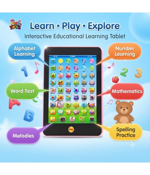 KINGTOYZ Educational Learning Tablet Toy for Kids with Music, ABC Learning, Numbers, Alphabets, Words, & Interactive Sound | Battery Operated Preschool Educational Toy for Boys & Girls 3+ Years