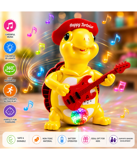 KINGTOYZ Musical Dancing Tortoise Toy with Guitar & LED Lights for Kids