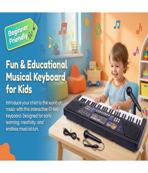 61-Key Electronic Piano Keyboard with Microphone & Speaker| 16 Tones, 10 Rhythms, 8 Percussions, Demo Modes & Song Recording | USB Powered Digital Piano for Kids (Black)