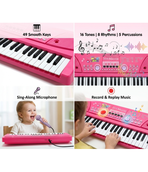 49-Key Electronic Keyboard Piano with Microphone | Portable Digital Piano for Kids & Beginners | Includes Rhythms, Tones & Learning Features | Ideal for Practice & Gifting (Pink)