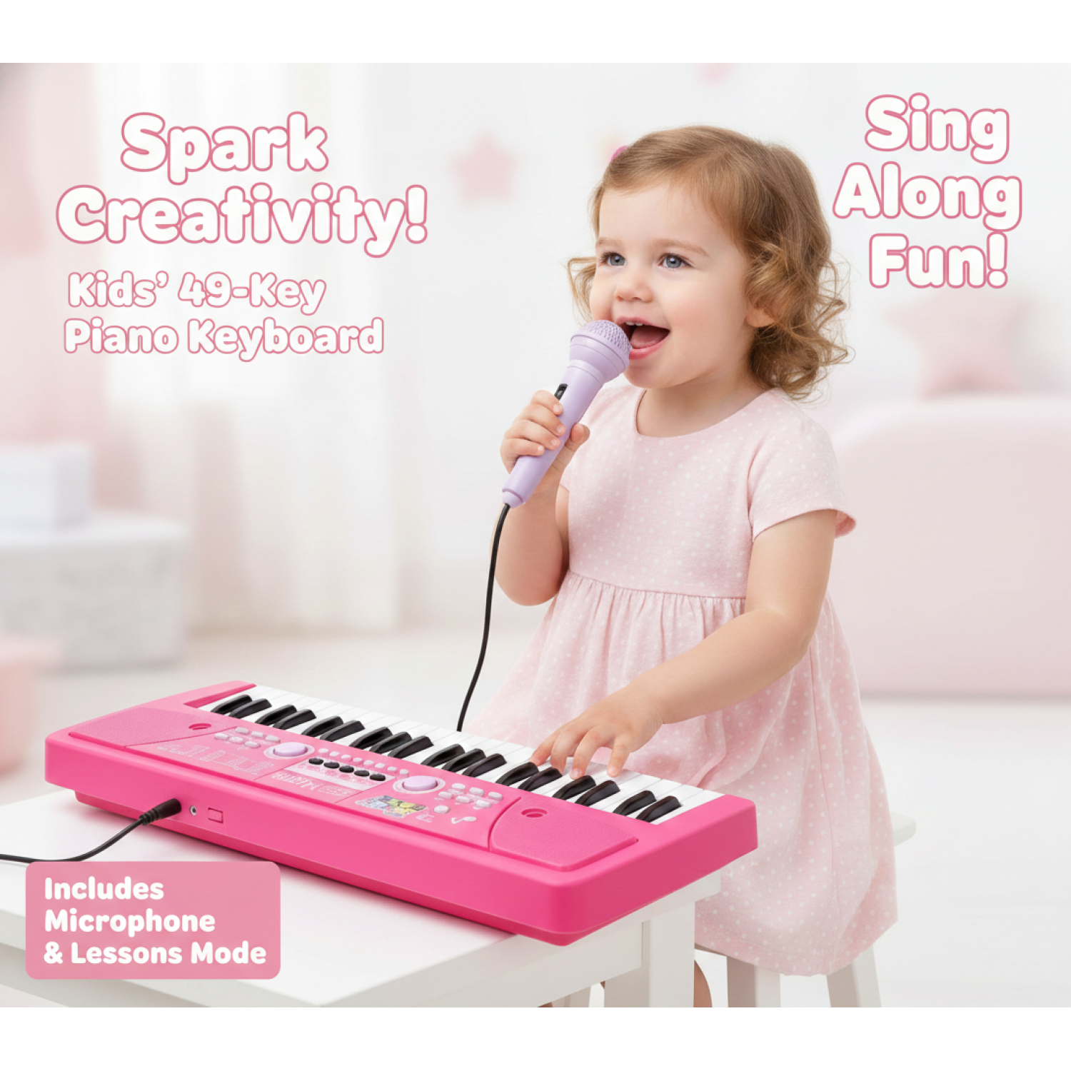 49-Key Electronic Keyboard Piano with Microphone | Portable Digital Piano for Kids & Beginners | Includes Rhythms, Tones & Learning Features | Ideal for Practice & Gifting (Pink)