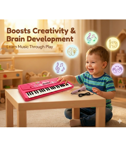 49-Key Electronic Keyboard Piano with Microphone | Portable Digital Piano for Kids & Beginners | Includes Rhythms, Tones & Learning Features | Ideal for Practice & Gifting (Pink)