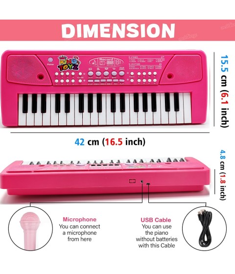 Kids Piano Keyboard with Microphone | 37 Keys Electronic Musical Toy with Rhythms, Tones & Demo Songs | Educational & Fun Keyboard for Beginners (Pink)